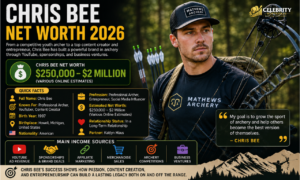 Chris Bee with a compound bow featured in a 2026 net worth infographic highlighting his archery career, YouTube success, and business ventures.