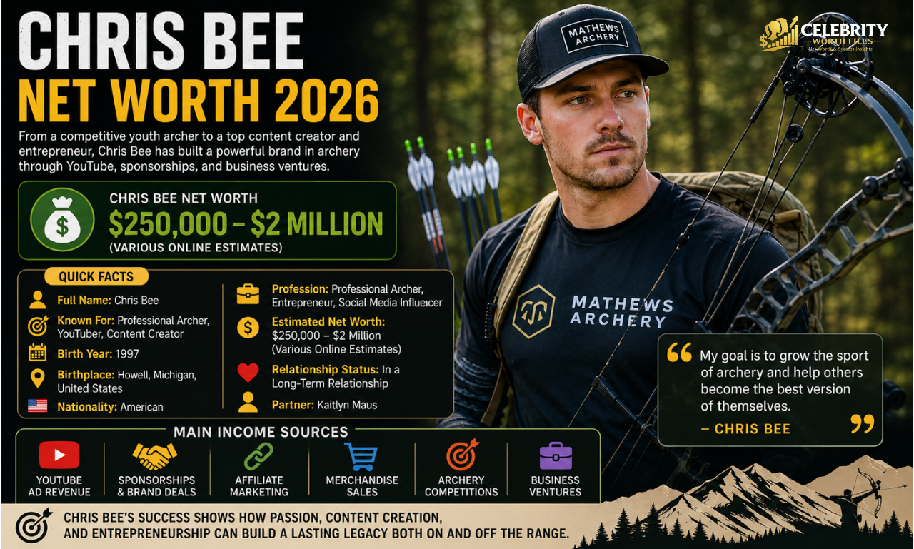 Chris Bee with a compound bow featured in a 2026 net worth infographic highlighting his archery career, YouTube success, and business ventures.