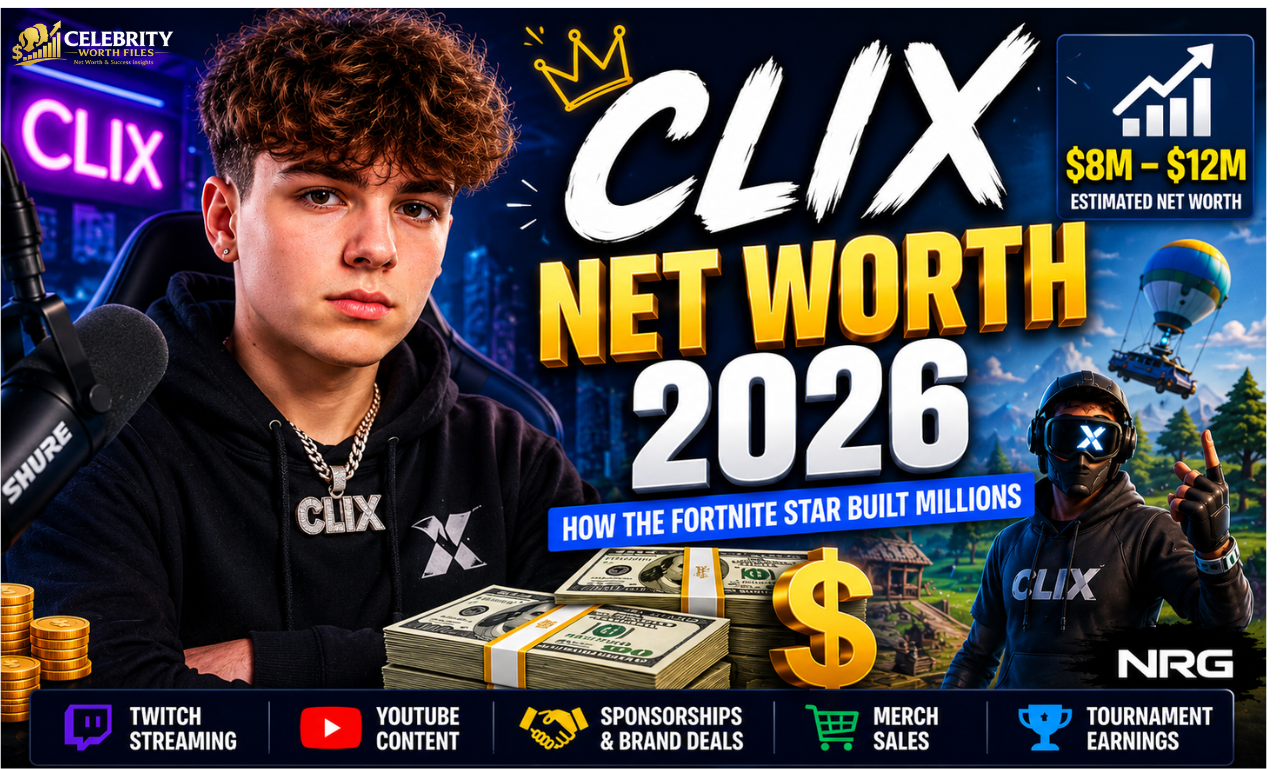 Clix Net Worth 2026 featuring Fortnite player Clix, Twitch revenue, YouTube earnings, and estimated wealth.